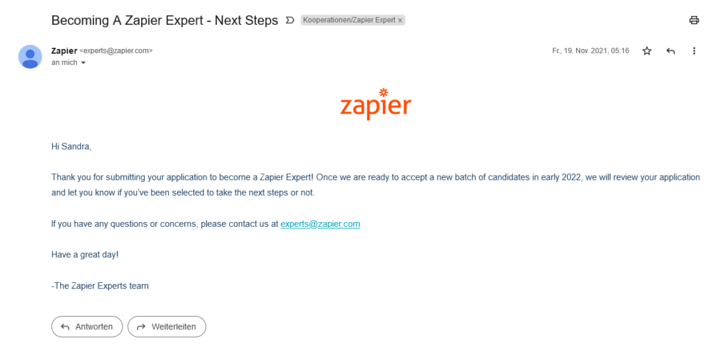 Bewerbung Zapier Expert im November 2021